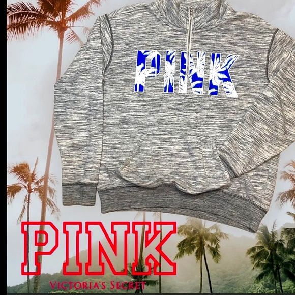 PINK Victoria's Secret Tops - Victoria's Secret PINK Gray Quarter Zip Pullover w/ Blue & White Tree Logo Large